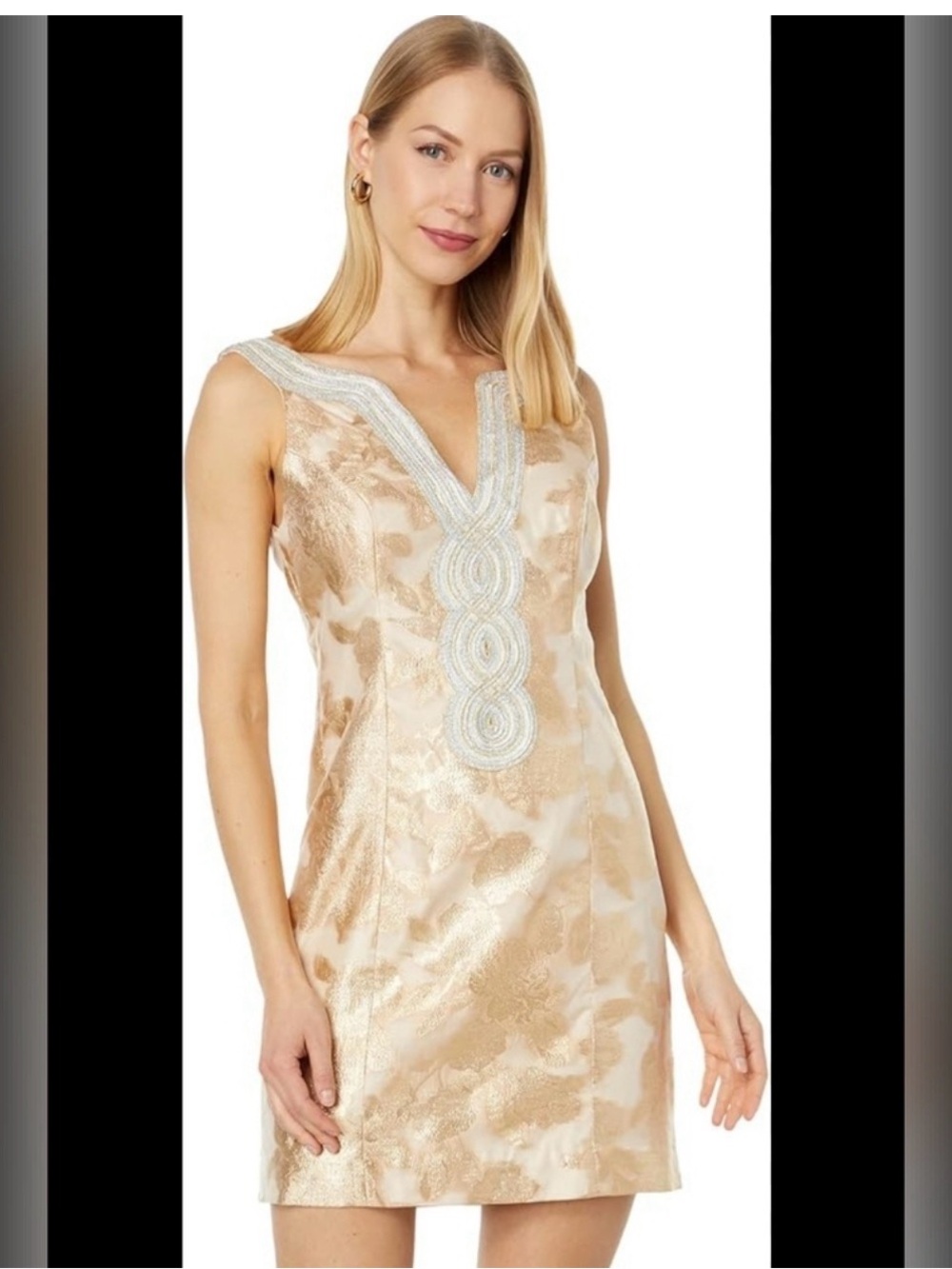 Lilly Pulitzer Valli Floral Brocade V-Neck Gold Tone Shift Dress. EUC